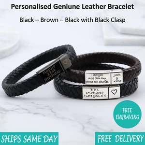 Personalised Engraved Leather Stainless Mens Bracelet Black Brown Christmas Gift - Picture 1 of 13