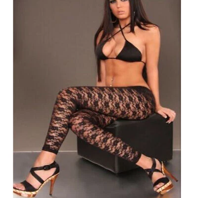 Mujer Rosa Floral Malla Transparente Elástica Leggings Ajustados Encaje Patrón Capris Pantalón Foto 1 de 4