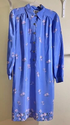 Leslie Fay VTG  Floral Shirt Dress Grandma-Core Periwinkle Floral Tagged 12 - Image 1 of 4