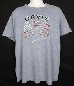 Orvis T-Shirt Mens L Short Sleeve Crew Neck Fly Fishing Rod American Flag Gray - Picture 1 of 9