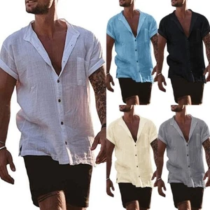 Mens Casual Cotton Linen Shirt Short Sleeve Loose Blouse Button Down Shirts Tops - Picture 1 of 27