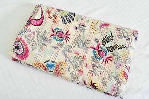 Handmade Cotton Quilt Floral Print Kantha Blanket Bedspread Indian Bedcover Size - Picture 1 of 4