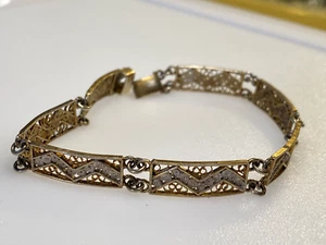 Antique Sterling Silver 800 Bracelet Filigree Panels Gold on Silver 8.95g - Picture 1 of 11