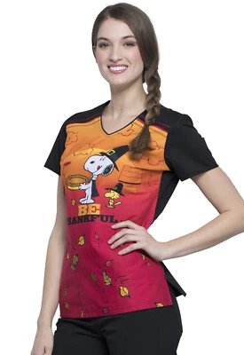 Snoopy Cherokee Scrubs Tooniforms Peanuts Thanksgiving V Neck Top TF686 PNGV - Image 1 of 4
