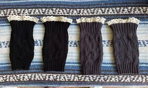✅Lot of 2 Pair Knit Crochet Boot Toppers w/ White Lace Trim Gray, Black - Picture 1 of 6