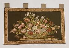 New Vtg. 46"x28" Green Browns Floral Basket Wall Hanging Tapestry Made In Italy