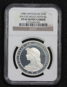 1988 Switzerland Brugg Shooting Festival Thaler 50 Francs NGC PF69 3IES - Picture 1 of 4