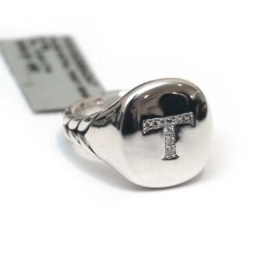 Anillo DAVID YURMAN Nuevo Pavé Inicial Letra T Pinky en Diamante y Plata Talla 4 Foto 1 de 4