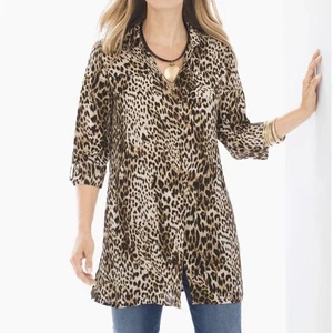 Chico’s 1 Leopard Print Tunic Blouse Women’s Long Sleeve Roll Tab Sleeves M/8 - Picture 1 of 15