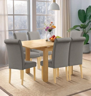 Hallowood Furniture Small Extending Table & 6 Roll Top Linen Fabric Chairs, Grey - Image 1 of 4