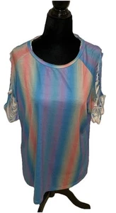 Lucky & Blessed Colorful Rainbow Striped Round Neck Shredded Short Sleeves Top - Picture 1 of 6