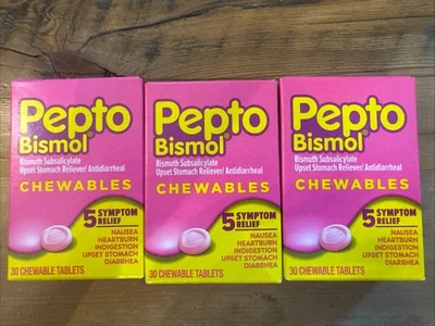 3 Pepto Bismol CHEWABLES for Nausea, Upset Stomach 30ct Each Exp 3/27 - Image 1 of 3