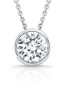 IGI Certified Lab Grown Bezel Set Diamond 1Ct Necklace-18" 14k White Gold Charm - Picture 1 of 20