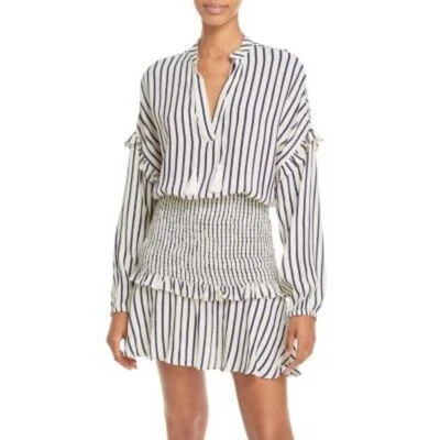 AQUA Women's White & Navy Blue Striped Smock Waist Dress, Size Medium - Image 1 of 4