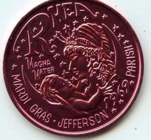Mardi Gras Doubloon Krewe of Rhea 1985 rojo aluminio - Imagen 1 de 2