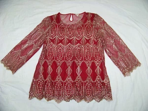 Reba Sheer Red Top with Metallic and Scalloped Trim - L - Attached Tank - Picture 1 of 9