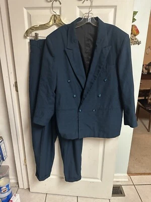 Traje De Colección Azul A Cuadros Doble Pecho Puños Cintura Alta Pantalones de Camarero Chaqueta Años 90 Foto 1 de 4