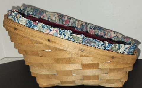 Longaberger Vegetable Basket Sleigh Shape Vintage Serving Blue Floral Liner Cover