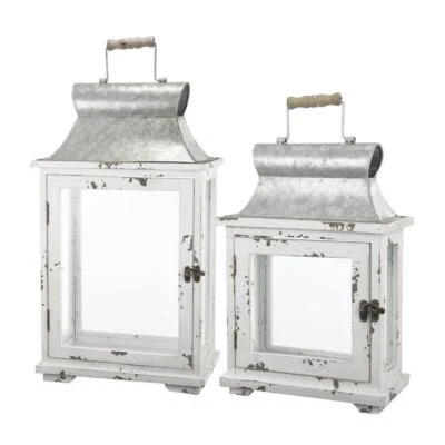 Unbranded Candle Holders 11"x20" Bohemian Lanterns Wood Rustic White Set of 2 - Image 1 of 4