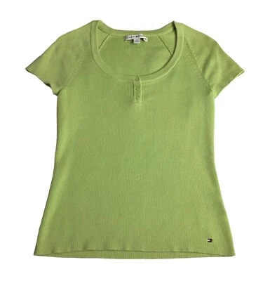 Top vintage Y2K Tommy Hilfiger para mujer M verde acanalado Henley manga corta preppy Foto 1 de 4