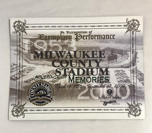 Milwaukee County Stadium Legacy of Memories Certificate Brewers 1953-2000 - Picture 1 of 2