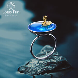 Lotus Fun Creative Design Solid 925 Sterling Silver Jewelry Swan Ring for Women