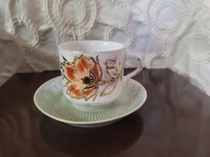 Vintage Lusterware Schnurrbart Tee Kaffeetasse & Untertasse Goldrand handbemalt Germany - Bild 1 von 6