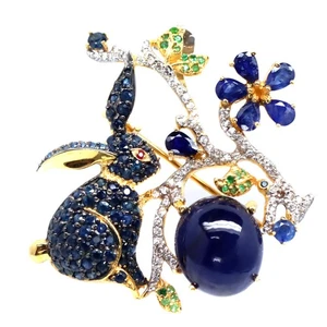 925 Silver Blue Sapphire, Ruby, Tsavorite Garnet & Zircon Rabbit Brooch/Pendant - Picture 1 of 4