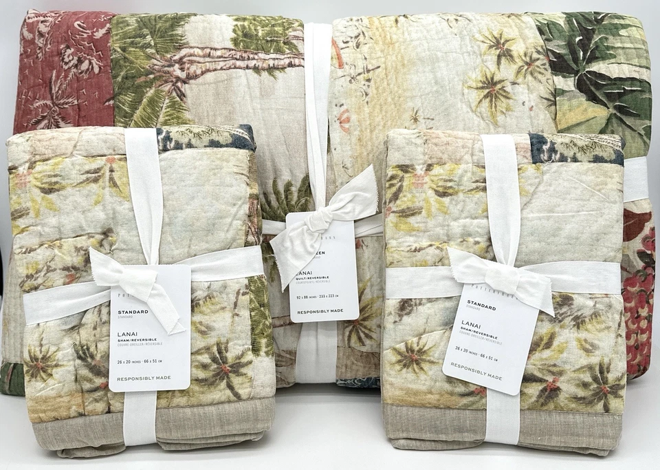 Pottery Barn~Island Lanai Patchwork Full Queen Reversible Quilt + 2 Shams ~ NEW - Image 1 of 1