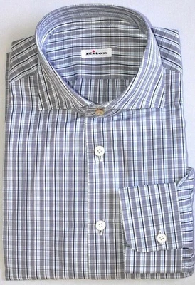 KITON Mens Handmade White Blue Navy Plaid Slim Dress Shirt Size 15.75 NEW $600 - Image 1 of 4