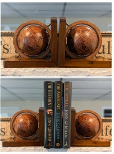 Globe Bookends Old World Wooden Wood Made Italy Library Study Vintage 1970s Spin - Picture 1 of 17