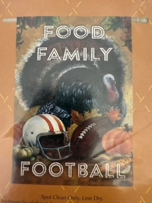 Food Family Football Thanksgiving Evergreen Suede Decorative Flag 29X43 NEW - Image 1 of 4