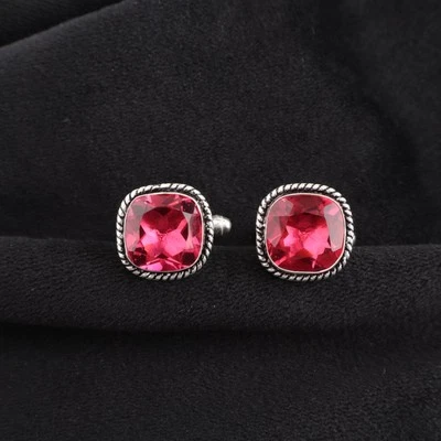 Pink Tourmaline Gemstone 925 Sterling Silver Jewelry Handcrafted Cufflinks 0.61" - Image 1 of 4
