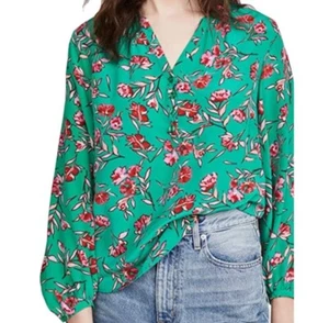 Yumi Kim Size Small 100% Silk Dandelion Emerald Floral Popover Top Long Sleeve - Picture 1 of 7