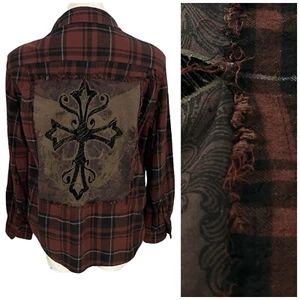 Upcycled Flannel Shirt Womens Large Shacket Brown Rock Biker Country Grunge Camp - Picture 1 of 13