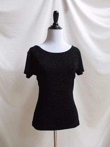 Top Vintage Talla S Natori Negro Cuello Redondo Manga Corta Brillo Elástico - Imagen 1 de 1