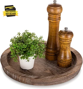 Rustic Wooden Serving Tray: round Wood Butler Decorative Tray Vintage Centerpiec - Picture 1 of 9