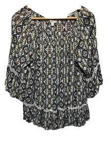 Fever Bauern Top Häkel Bohemian Gypsy Gr. M creme blau gold Boho Rüschenärmel - Bild 1 von 6
