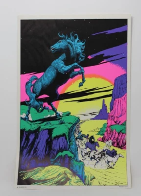 VTG E-Z Cards 11x17 Horse Trippy Black Light Poster Psychedelic Stallions
