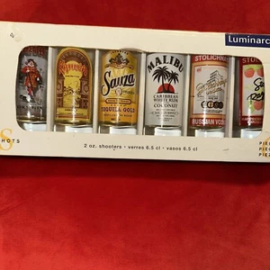 LUMINARC Set 6 2oz Shooters Shot Glasses Stoli Beefeater Kahlua Malibu Sauza NIB - Picture 1 of 3