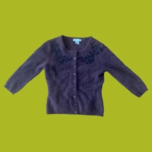 Vintage chocolate brown BEBE angora beaded cropped 3/4 sleeve cardigan - Picture 1 of 4