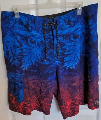 Ocean Current Mens 38 Board Shorts Blue Red Botanical Palm Side Pocket Swim - Image 1 of 4