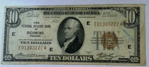 1929 $10 The Federal Reserve Bank Of Richmond Virginia E01303222A Fr-1860-E - Picture 1 of 6