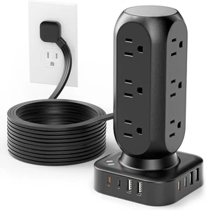 Tira de alimentación enchufe plano torre doble PD 20W USBC protector contra sobretensiones 12 tomas de CA, BX29 - Imagen 1 de 6