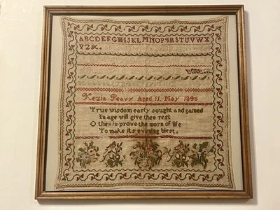 Antique 1845 Child’s Sampler Alphabet, Numbers, Flowers,  Kezia Peavy 11 - Image 1 of 4
