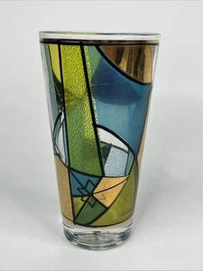MCM Ned Harris Signed Blue Yellow Gold Abstract Tumbler Glasses Stained Glass - Picture 1 of 6
