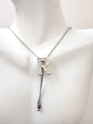 Women's Silver Letter R Initial 1 Carat CZ Pendant Snake Chain Lariat Necklace - Image 1 of 4