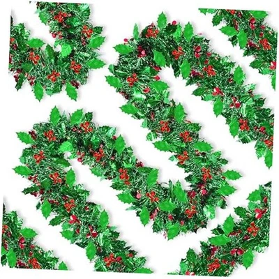 Guirnalda de oropel de Navidad de 50 pies decoraciones de árbol de Navidad con hojas y verde, rojo Foto 1 de 4