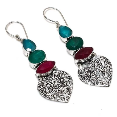 Rosso Finto, Giada Verde Gemma 925 Argento Sterling Gioielli Orecchino - Immagine 1 di 4