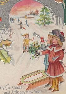 Children Snow Sled Horns Christmas New Year Postcard - Picture 1 of 3
